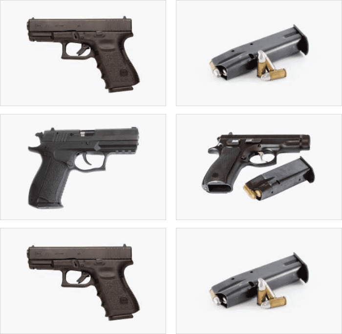 generic image showing several black pistols and spare loaded magazines